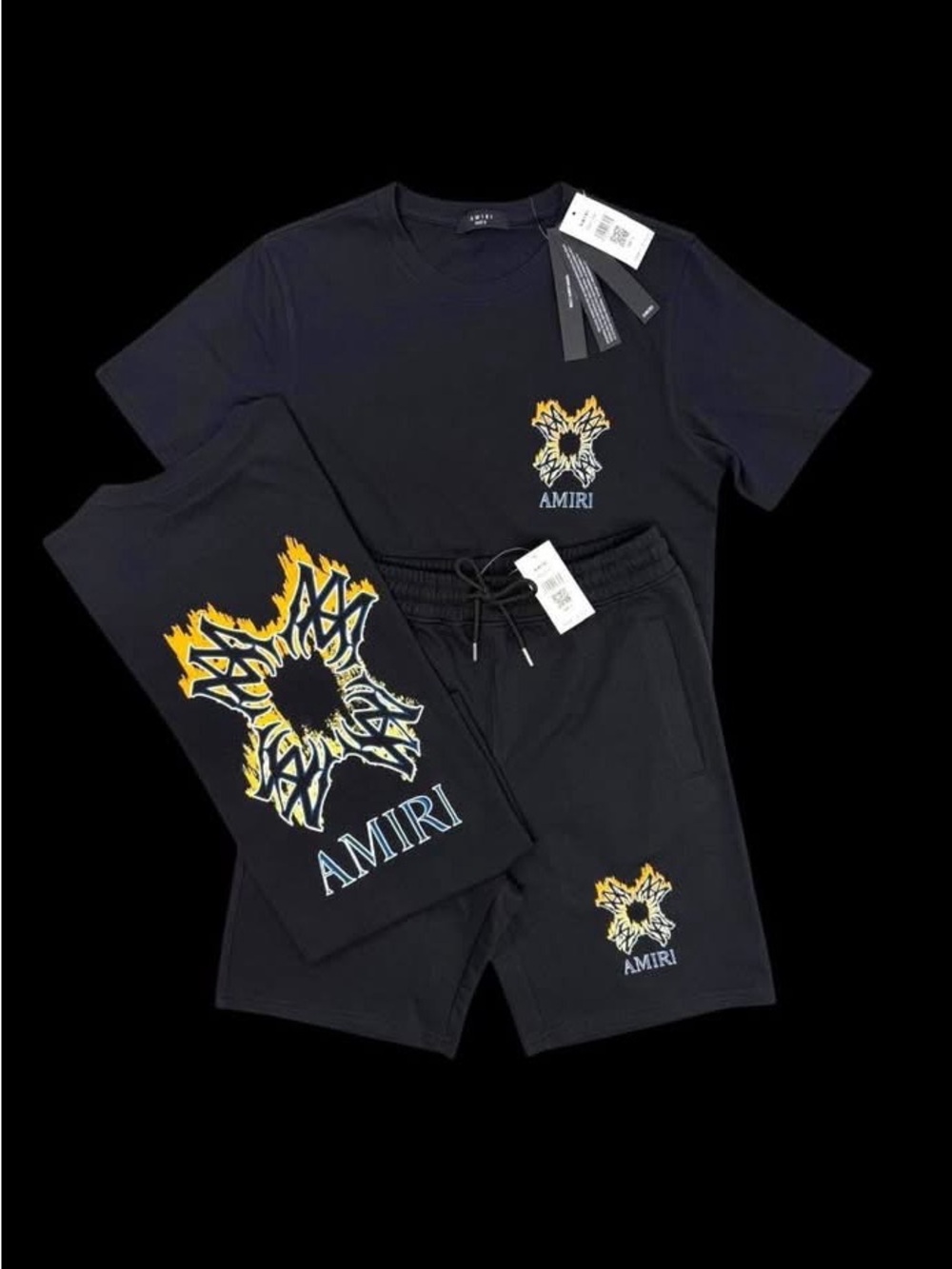 AMIRI Black Tee and Shorts Set with Yellow Flame Graphic